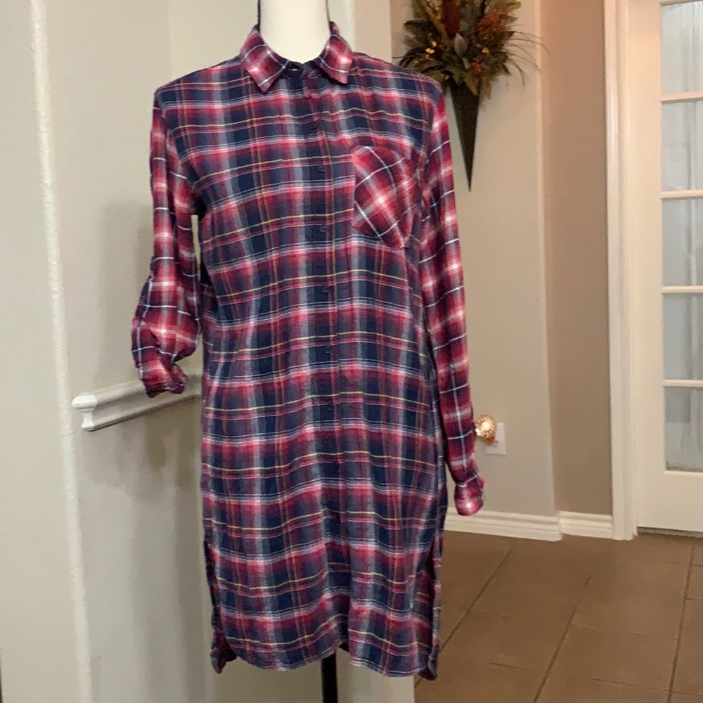 Sneak Peek red & navy plaid long sleeve tunic button down shirt dress Size S